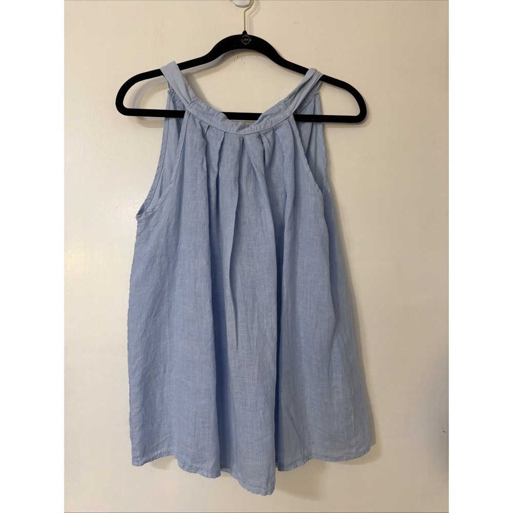 Bellambra Italy Sz L Blue 100% Linen Women's Gathered Neckline Sleeveless Blouse